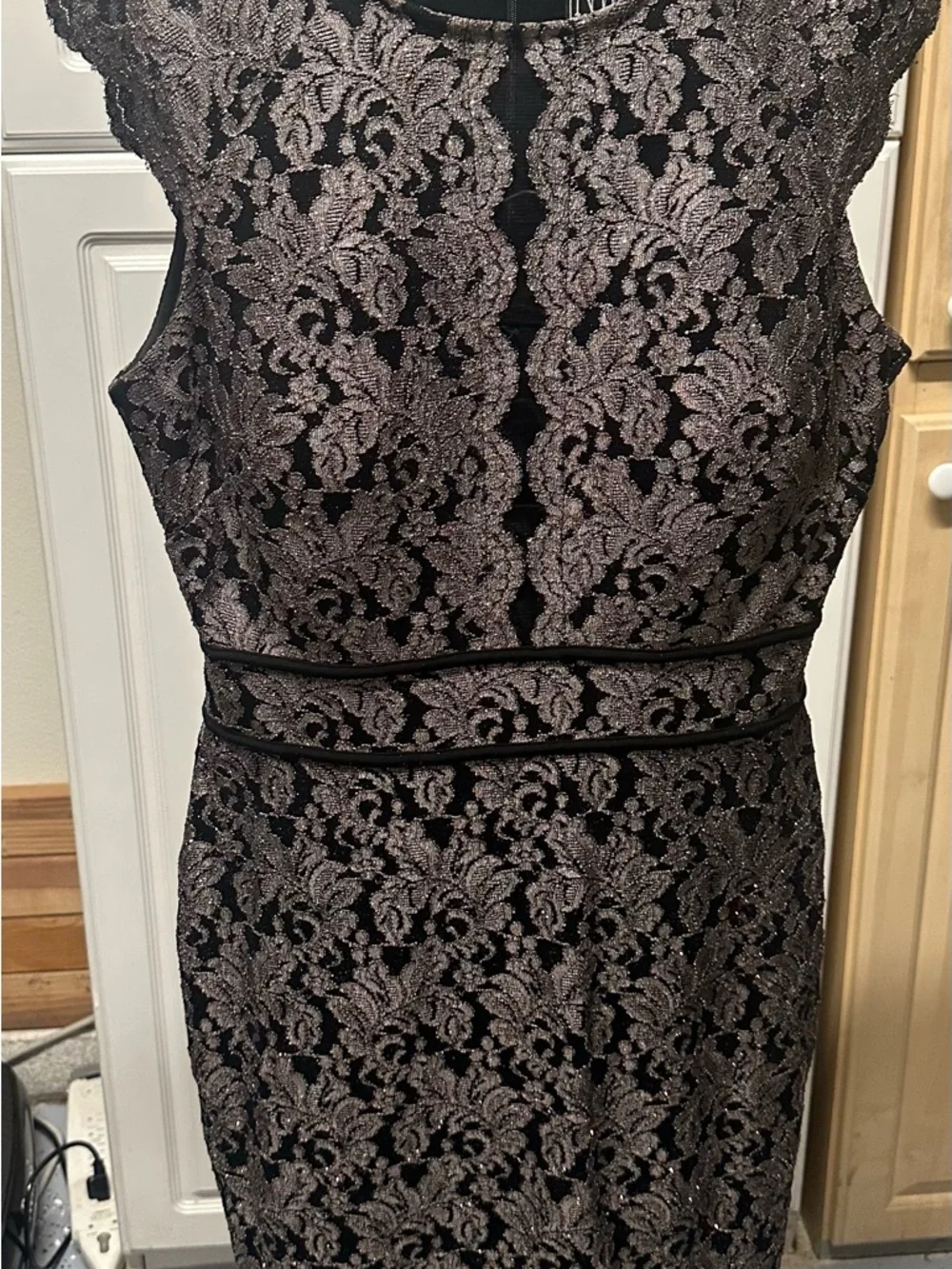 Elegant Black Lace Cap-Sleeve Sheath Dress - Taupe Lining - Picture 3 of 3